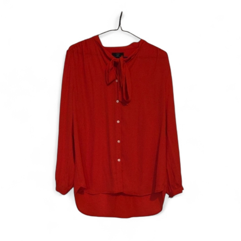 J Crew Red Button Down Tie Long Sleeve Blouse